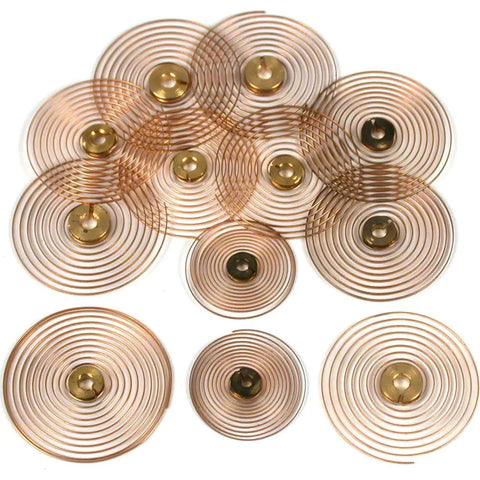 Alarm Clock Hairspring Collet Repair Kit With 10 Assorted Hairsprings And Collets For Wall Clocks DIY Repair Parts in gold.