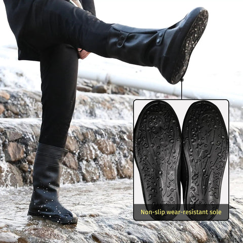 Heavy Duty Waterproof Shoe Covers Overshoes For Men And Women PVC Seamless Rain Boots Slips Resistant Soles Easy To Clean Durable Overshoe Covers For Motorcycle Work Outdoor Black XL, non-slip soles visible on a wet surface.