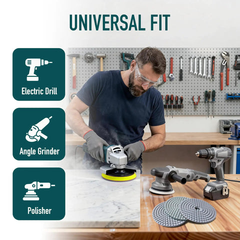 Man using 9 Piece 7 Inch Diamond Polishing Pads Kit Pro Grade Wet Dry 50 To 10000 Grit for polishing stone countertop.