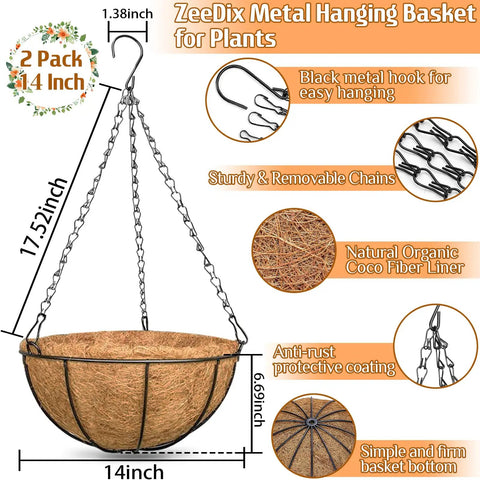 2 Pack 14 Inch Hanging Baskets For Plants Outdoor With Coco Liner, Metal Wire Round Planters for porch with dimensions