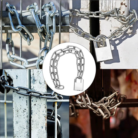 Heavy Duty Bike Chain Lock Built Tough With Case Hardened Steel Security Chain Weatherproof And Bolt Cutter Resistant For Bicycles Motorcycles Gates Outdoor Furniture And More, displaying various uses and close-up of chain and lock.