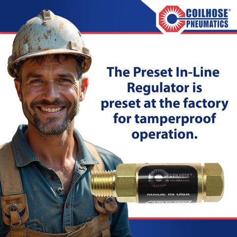 Pre Set In Line Pressure Regulator For Air Tools 90 Psi One Quarter Inch NPT Brass Body Featured With Factory Worker