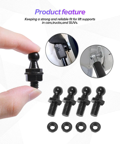 4 Piece Gas Strut Ball Stud Kit With 10 mm Ball Studs And Hardware Nuts For Hoods And Trunks, Easy Auto Replacement Shock Mounting Kit For Sedans SUVs MPVs Black black carbon steel ball stud with nuts for hood and trunk gas strut mounting