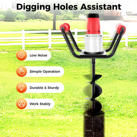 Heavy Duty Electric Post Hole Digger With Six Inch Auger Bit for soil drilling, showing features like low noise and durability