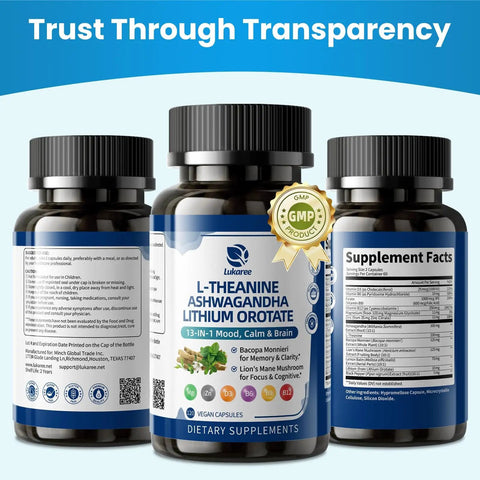 Three bottles of Powerful Mood Boost Nootropic Blend With Lithium Orotate And L-Theanine, 120 Vegan Capsules with label details.