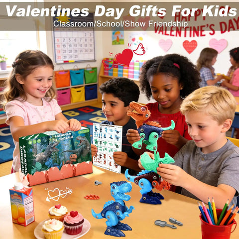 Children assembling Take Apart Dinosaur Toys For Kids Aged 3 To 8 STEM Construction Building Kit With Electric Drill in classroom.