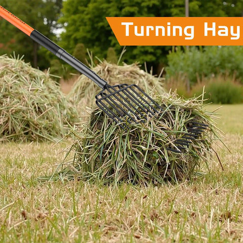 Wide Head Pitch Fork For Manure And Hay, Beefy Heavy Duty 14.96 Inch Head With 10 Tines in use with fibrous hay pile