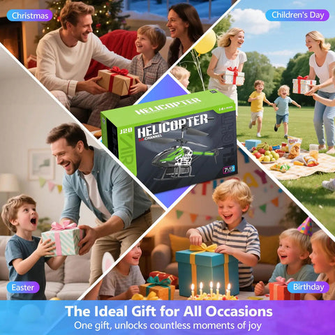 Collage of kids receiving Kids RC Helicopter With Altitude Hold And One Button Takeoff Landing, 2.4GHz 3.5CH as gifts.