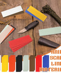 G10 Spacer Sheets Set For Knife Scales Dope Multicolor Spacer Material Sheets, knife and sheath on wooden background