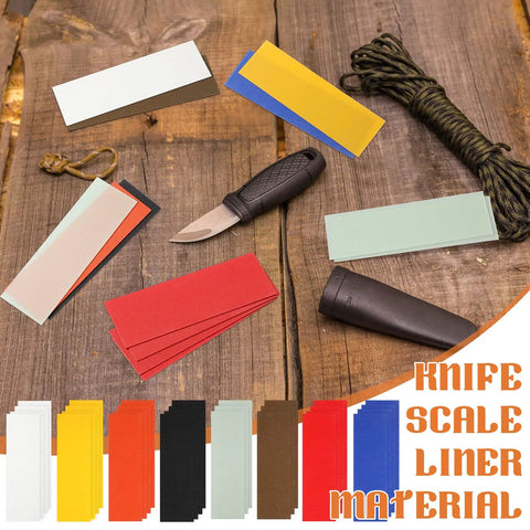 G10 Spacer Sheets Set For Knife Scales Dope Multicolor Spacer Material Sheets, knife and sheath on wooden background