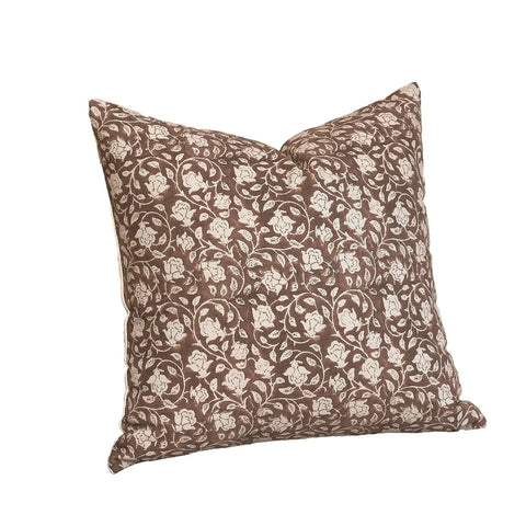 Floral Pillow Cover 18x18 Inch, Dope Throw Pillow Case For Couch, Block Print Neutral Accent Cover For Living Room Vibe, Cover Only, 1 Pack, Brown, Front Floral Back Plain Cotton, Home Decor, brown floral cotton pillow cover