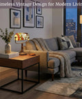 Living room with Stained Glass Butterfly Style Bankers Lamp With Handcrafted Design Vintage Vibe Desk Light on side table.