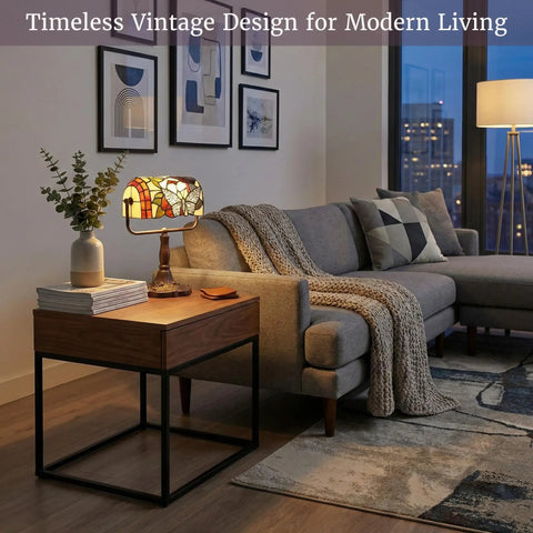 Living room with Stained Glass Butterfly Style Bankers Lamp With Handcrafted Design Vintage Vibe Desk Light on side table.