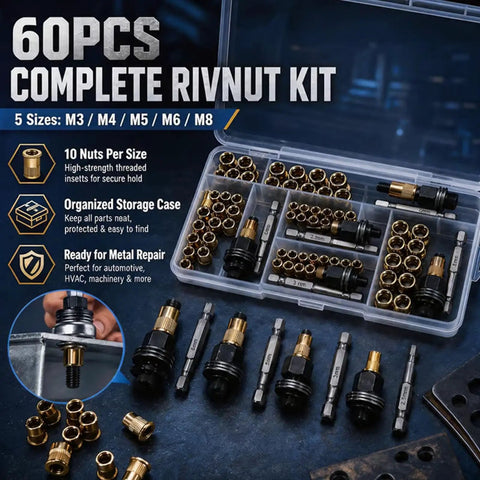 Premium Carbon Steel Rivet Nut Set With Heavy Duty Head Tool For M3 To M8 Sizes Featuring Compact Carry Case Perfect For Garage Fixes And Diy Projects That Get The Job Done Fast. 60pcs complete rivnut kit with M3-M8 inserts and drill adapters in storage case