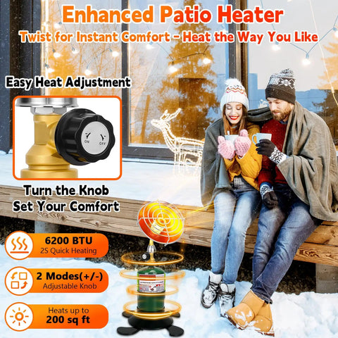 Portable Propane Heater For Camping And Outdoors, couple enjoying the heater on patio, control valve visible, 6200 BTU