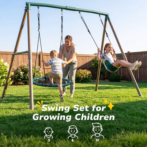 7.5 Ft Tall Backyard Swing Set With Spider Swing And Belt Swing, Heavy Duty Metal Frame, A Frame Outdoor Swingset In Use