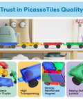 Four Piece Magnetic Car and Truck Base Tiles Set for Creative Building and Movable Vehicles, Compatible With Magnet Tile Sets
