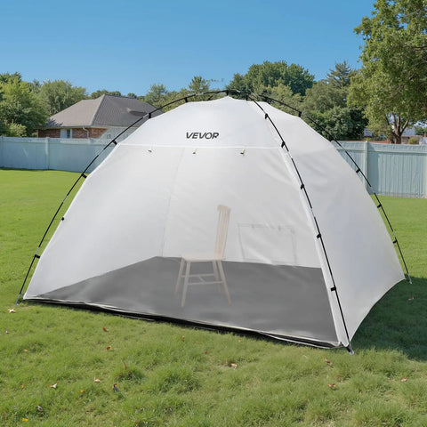 Portable Paint Booth Tent With Built In Floor And Mesh Screen Huge 115.35 By 90.55 By 74 Inch Spray Shelter outdoors with chair inside.