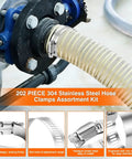All-In-One 202 Piece Stainless Steel Hose Clamp Kit With Eight Size Range From 1/4 Inch To 2 Inch Heavy Duty Pro Grade Adjustable Worm Gear Clamps With Socket Wrench And Screwdriver Automotive Fuel Line And Water Pipe Clamp Set in use on a hose.