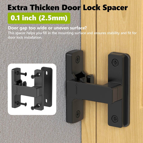 Built Tough Heavy Duty Zinc Barn Door Lock With 90 And 180 Degree Flip Safety Latch For Sliding Doors, rust resistant hardware, installed on door with spacer, black