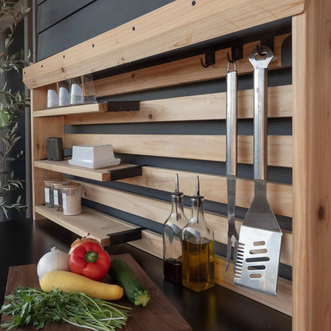 Side view of 48 Inch Cedar Wood Buffet Hutch Serving Station with wooden shelves, hooks, and spices, showcasing modular design.
