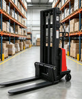 Heavy Duty 3300 Lbs Semi Electric Pallet Stacker With Rock Solid 1.6KW Motor on warehouse floor, designed for lifting heavy loads.