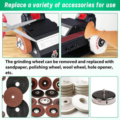 Top Shelf Compact 90 Degree Vertical Belt Sander With Electric Knife Sharpener Bench Grinder Kit showing removable grinding wheels for versatile use.