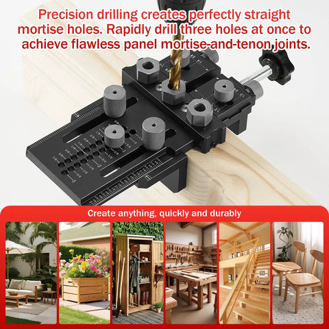 Precision Doweling Jig Kit With Adjustable Drill Guide And One Quarter Three Eighth One Half Inch Bushings shown in use on wood