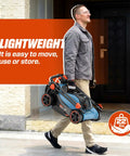 Cordless 20V 13 Inch Lawn Mower With 2 In 1 Mulching And Bagging Five Height Settings From 1 To Two And A Half Inches Powerful 3500 RPM Motor For Quick Yard Work Lightweight Electric Push Mower For Small To Medium Yards carried by man