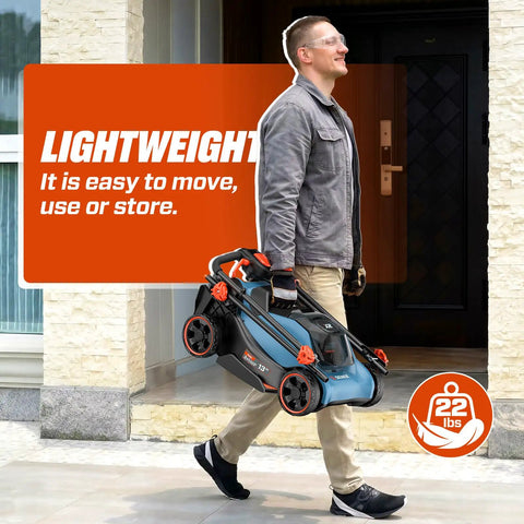 Cordless 20V 13 Inch Lawn Mower With 2 In 1 Mulching And Bagging Five Height Settings From 1 To Two And A Half Inches Powerful 3500 RPM Motor For Quick Yard Work Lightweight Electric Push Mower For Small To Medium Yards carried by man