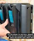 Dual Charger Wall Mount For Makita DC18RC Double Chargers 2 Pack Heavy Duty Charger Holder being installed on wooden wall