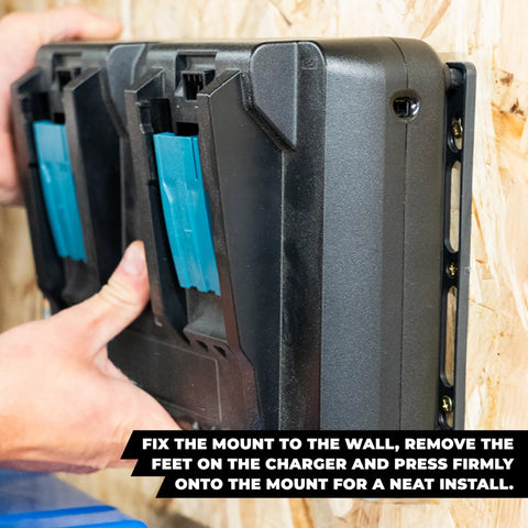 Dual Charger Wall Mount For Makita DC18RC Double Chargers 2 Pack Heavy Duty Charger Holder being installed on wooden wall