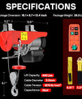 Electric Hoist Winch 110V 440 Lb Capacity With Wireless Remote Control Up To 98 Ft Emergency Stop Button Safe Lifting Easy Install Beefy Heavy Duty Garage Workshop Lifter For Heavy Equipment, red steel unit with remote and straps