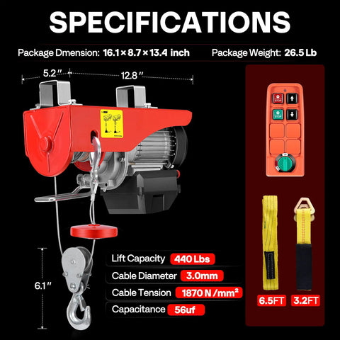 Electric Hoist Winch 110V 440 Lb Capacity With Wireless Remote Control Up To 98 Ft Emergency Stop Button Safe Lifting Easy Install Beefy Heavy Duty Garage Workshop Lifter For Heavy Equipment, red steel unit with remote and straps