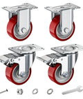 Heavy Duty 3 Inch Caster Wheels Set Of 4 With Thick Steel Brackets And Total Lock Brakes Rated Up To 1410 Lbs Capacity Built Tough As Nails For No Sweat Loadin Tasks showing four swivel casters with polyurethane wheels.
