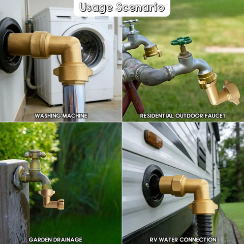 Two Pack Brass 90 Degree Garden Hose Elbow Connectors used with washing machine, outdoor faucet, garden drainage, RV connection