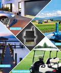 Wireless Remote Switch for 12V, 24V, 48V, and 72V Systems, 40A Relay, shown with garage door, water pump, LED light, and golf buggy