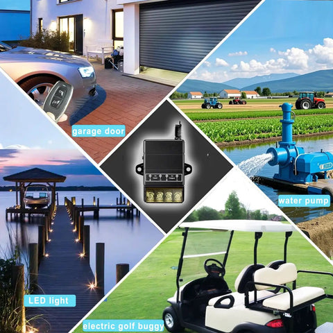 Wireless Remote Switch for 12V, 24V, 48V, and 72V Systems, 40A Relay, shown with garage door, water pump, LED light, and golf buggy