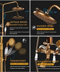 UBNMIUBV Shower System, Antique Brass Shower Faucets Set with 360-degree swivel shower head and versatile hand shower.