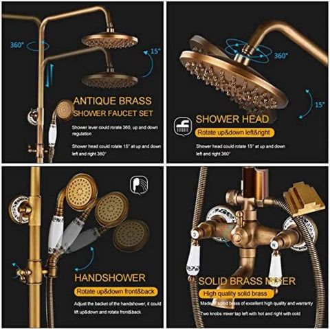 UBNMIUBV Shower System, Antique Brass Shower Faucets Set with 360-degree swivel shower head and versatile hand shower.