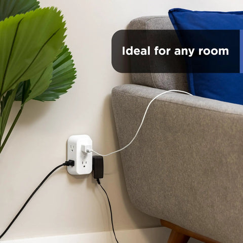 Six Outlet Extender Power Tap 2 Pack Grounded Wall Tap With Spaced Outlets And 3 Prong Splitter installed and in use