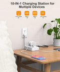 Game Changing Desktop Surge Protector Power Strip With Six AC Outlets And Four USB Charging Ports Low Profile Extension Cord on wooden table.