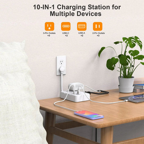 Game Changing Desktop Surge Protector Power Strip With Six AC Outlets And Four USB Charging Ports Low Profile Extension Cord on wooden table.