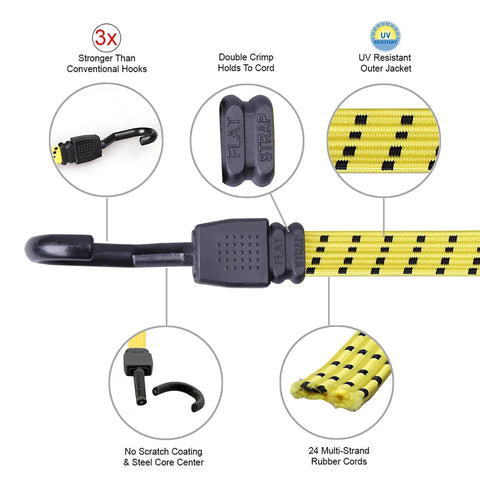 Ultra 48 Inch Flat Bungee Cord 4 Pack Yellow Black With Ultra Hooks, glass-filled nylon, steel core, heavy-duty design.
