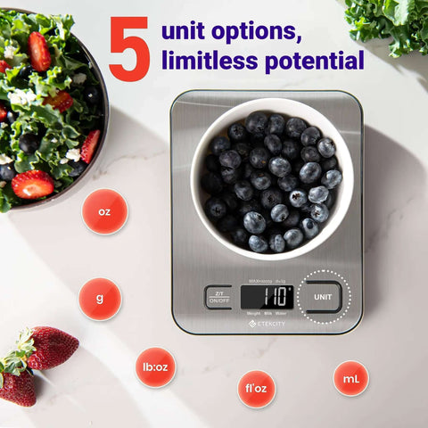 Digital Kitchen Scale With Grams And Ounces For Weight Loss, Baking And Meal Prep, Stainless Steel, LCD Display, 5 Unit Modes