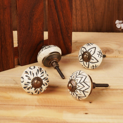 Vintage Style Off White Ceramic Cabinet Knobs And Handmade Drawer Pull Handles Featuring Glossy Antique Texture That Offer A Dang Nice Upgrade For Your Kitchen Counters - decorative patterned knobs on wood background.