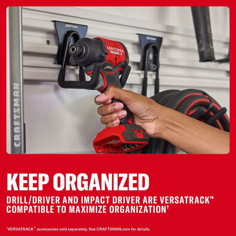 Compact Brushless Cordless Drill And Impact Driver Combo Kit Featuring Dual Amp Batteries And Rapid Charger Pro Grade High Torque Power Tools in use on Versatrack wall.