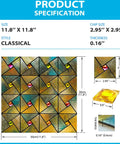 Windmill Glass Polished Rainbow Peel and Stick Backsplash Tile Kit with dimensions and chip size for kitchens and bathrooms.