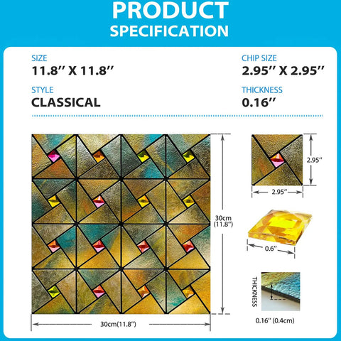 Windmill Glass Polished Rainbow Peel and Stick Backsplash Tile Kit with dimensions and chip size for kitchens and bathrooms.