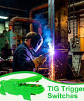 Worker using Ergonomic Welding Touch Button With Anti Slip Grip For Precise Arc Start Stop And Quick Release On Off Control For TIG Torch Welding In Fab Shops And Pro Fabrication Environments